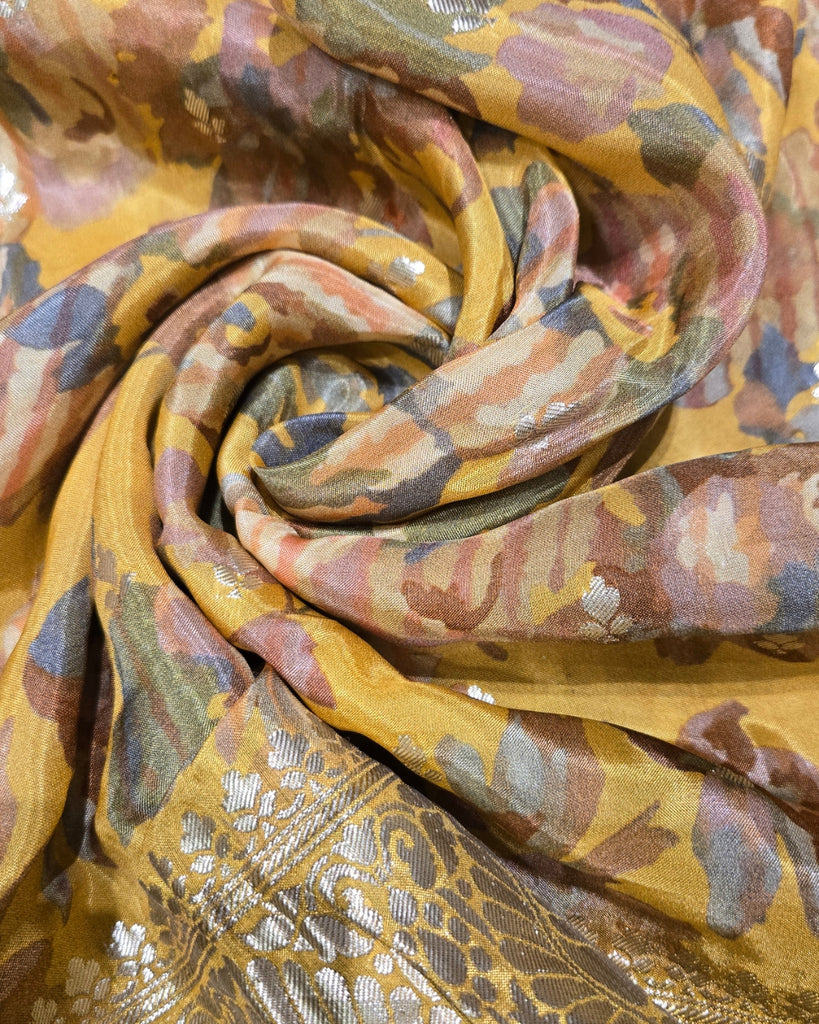 Chiniya Silk Border - Mustard with Multicolour Floral Print.