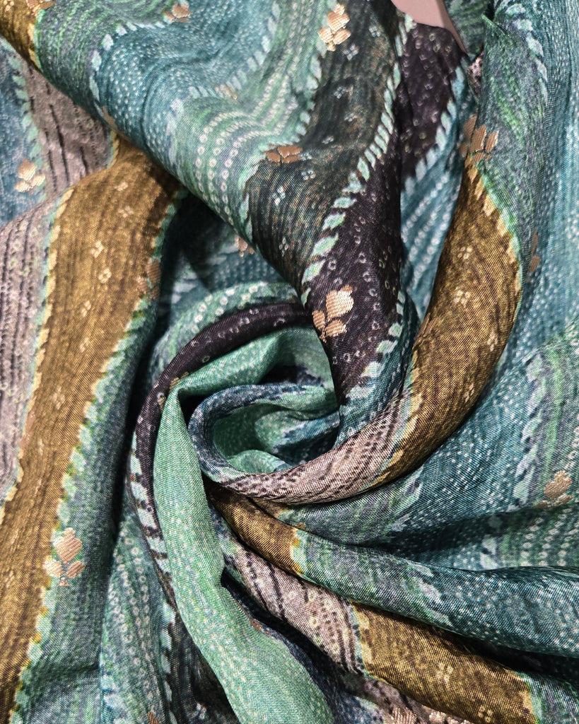Chiniya Silk Border - Teal Green with Multicolour Abstract Print.