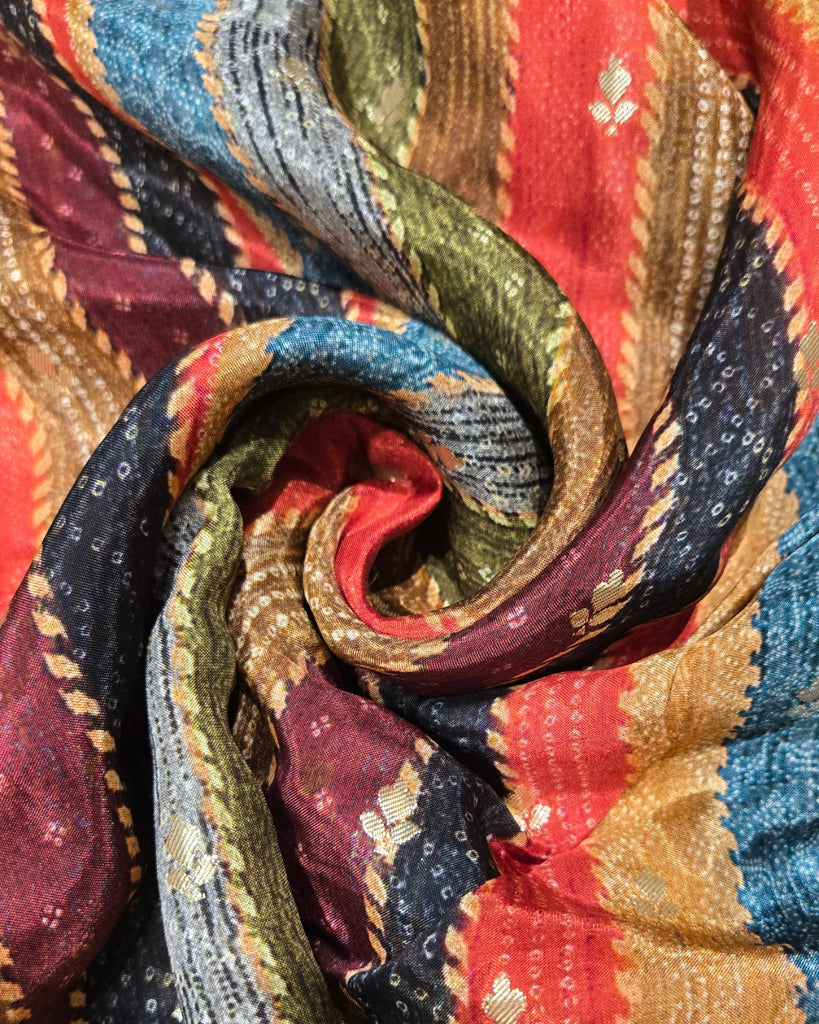 Chiniya Silk Border - Red with Multicolour Abstract Print.