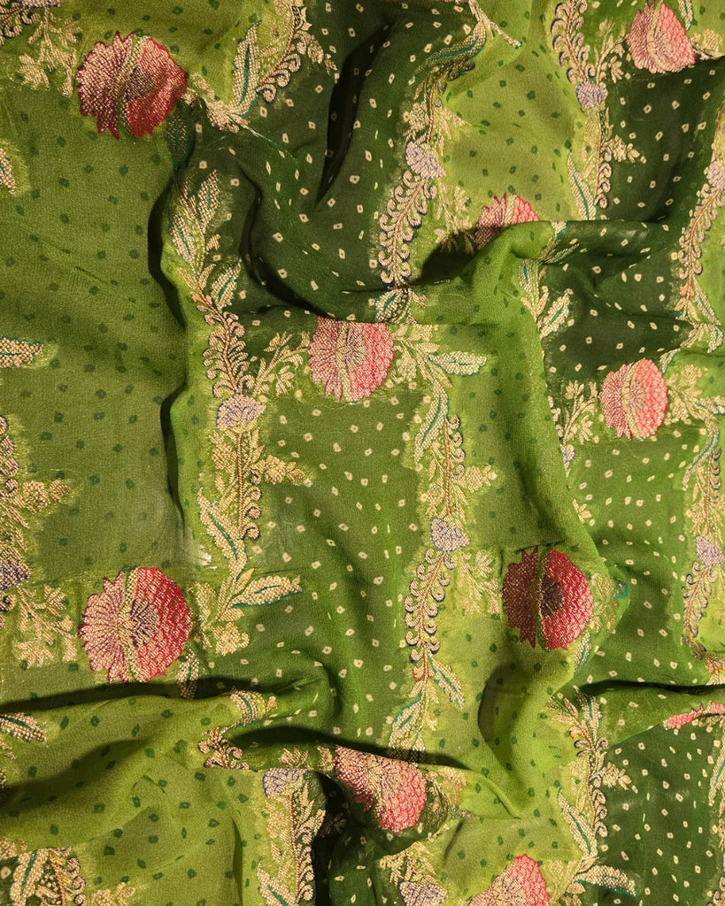 Georgette Bandhani Banarasi - Olive Green