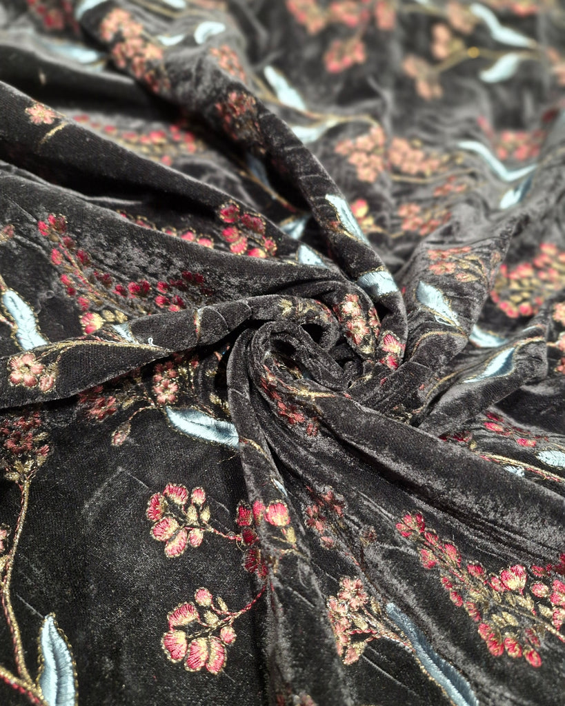 Velvet with Thread Embroidery - Charcoal Black