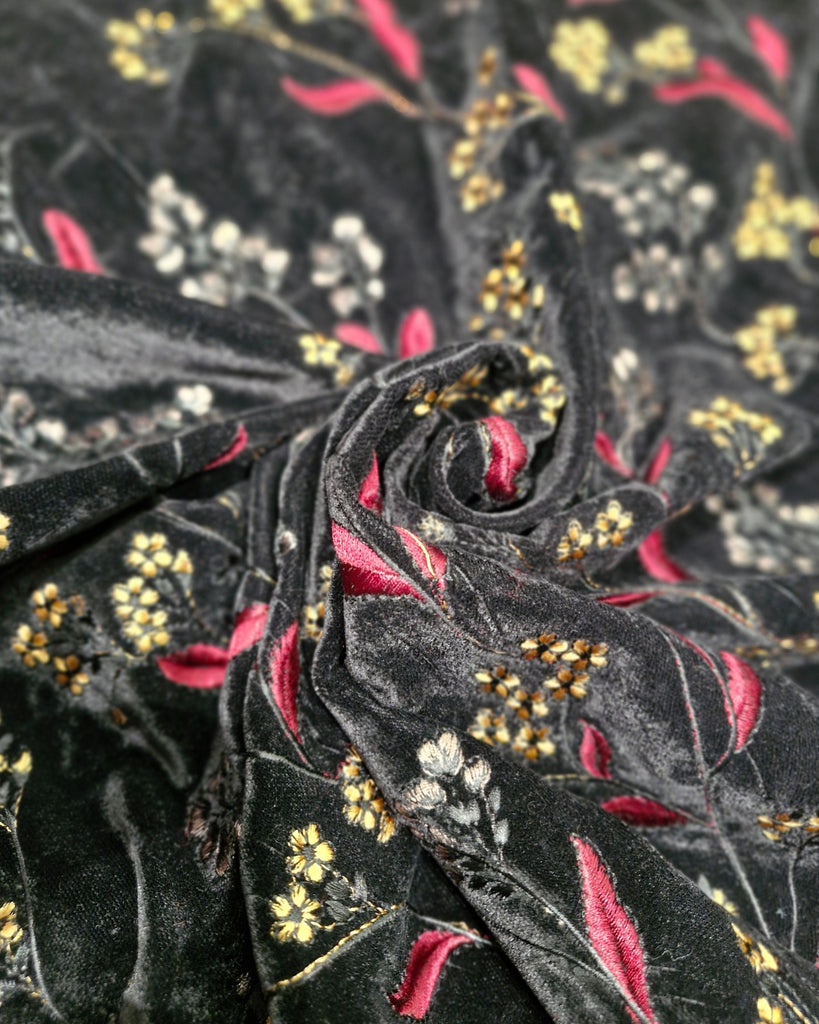Velvet with Thread Embroidery - Smoky Black Floral