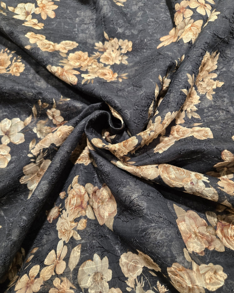 Silk Cotton Printed Embroidery - Deep Charcoal Black