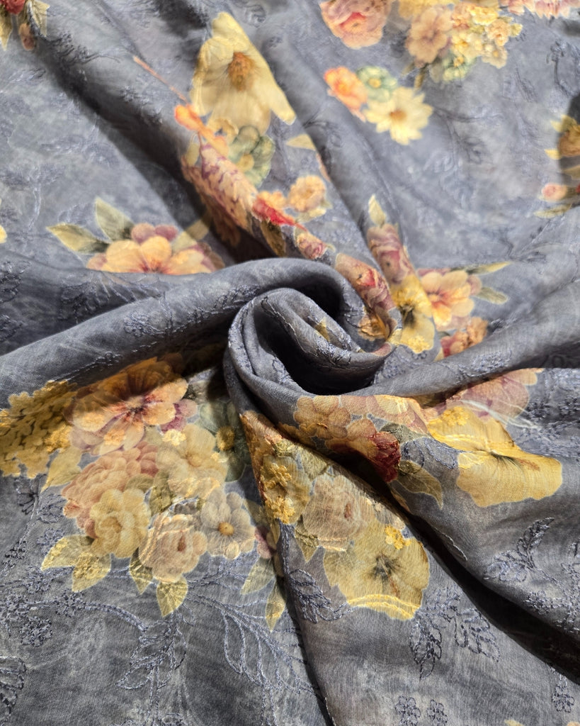 Silk Cotton Printed Embroidery - Dusty Blue-Grey