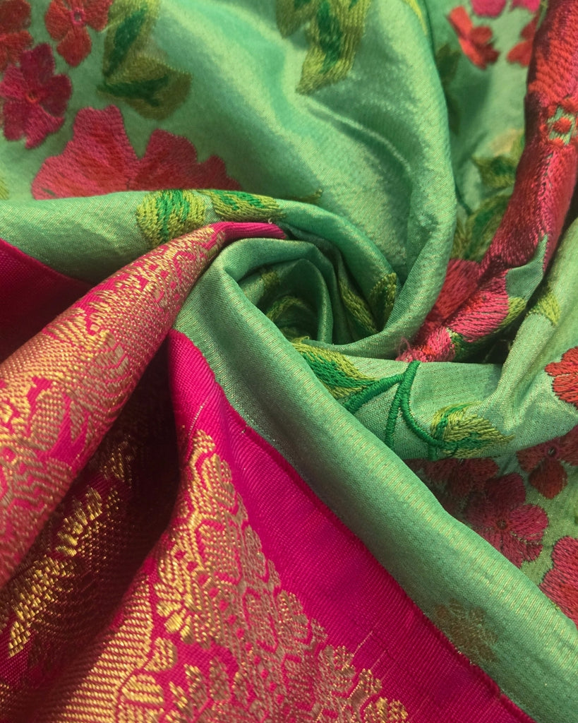 Silk kadiyal tissue with embroidery - Parrot Green