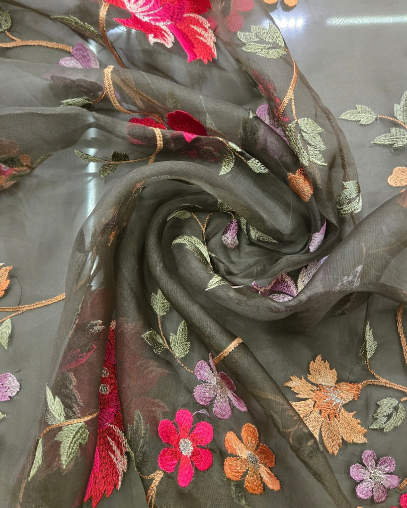 Organza with applique work - Olive Grey
