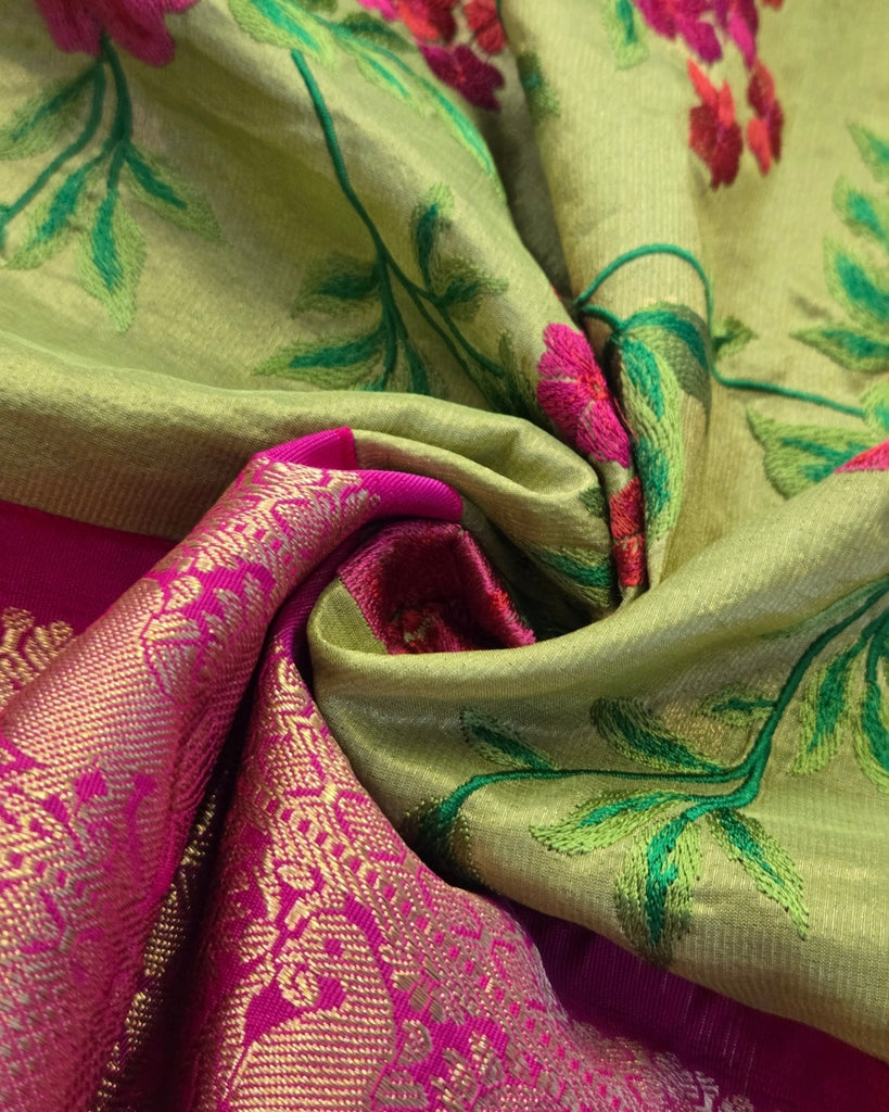 Silk kadiyal tissue with embroidery - Lime Green