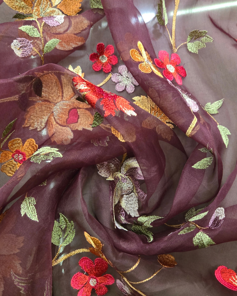 Organza with applique work - Wine Burgundy