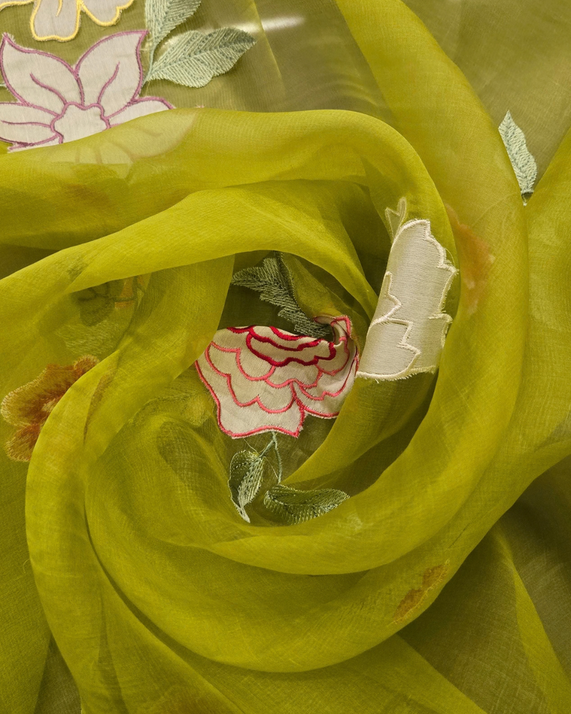 Organza with applique work - Lime Green