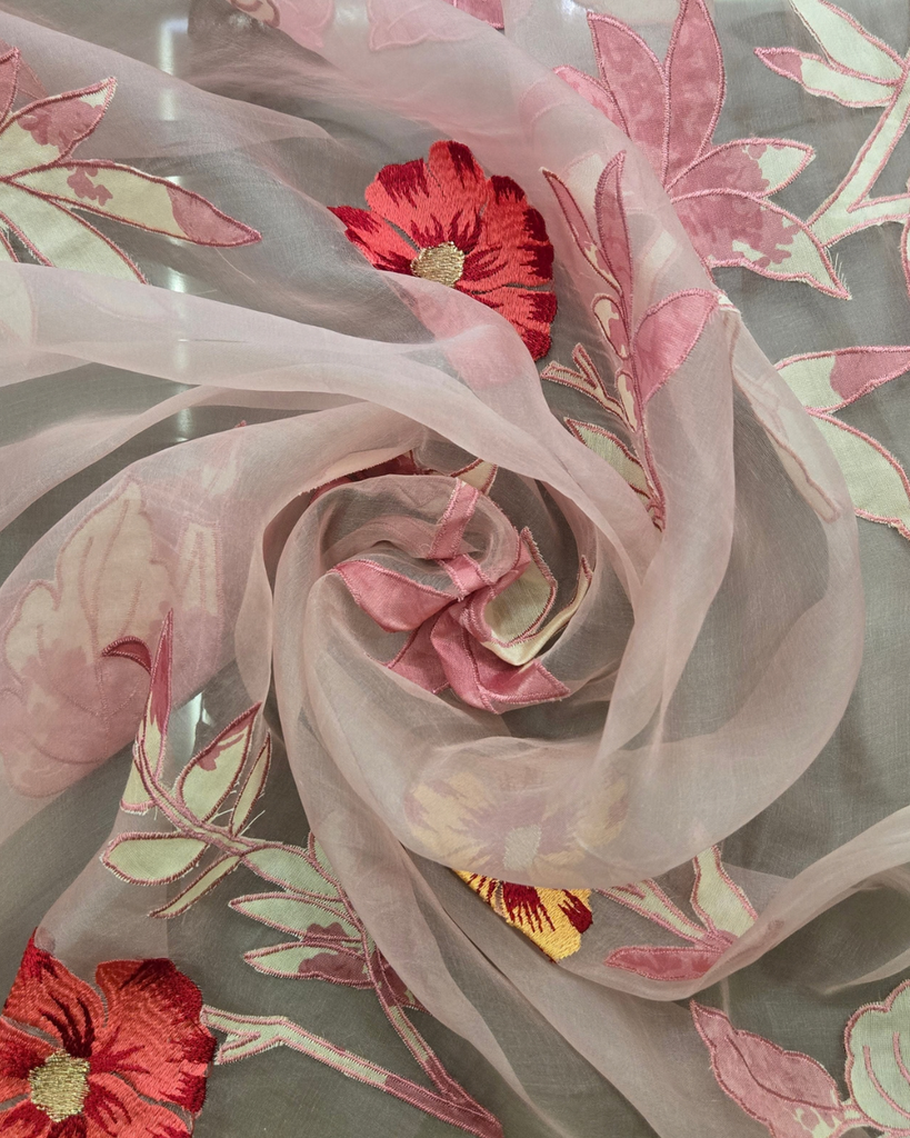 Organza with applique work - Sheer Blush Pink
