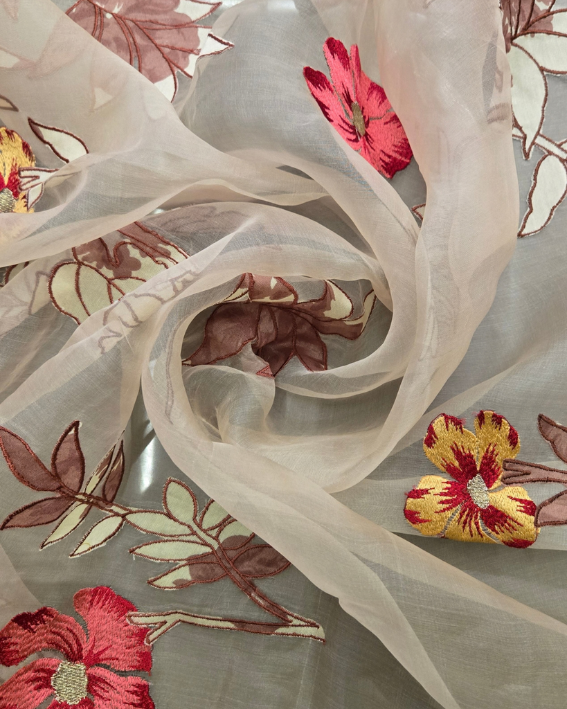 Organza with applique work - Light Beige
