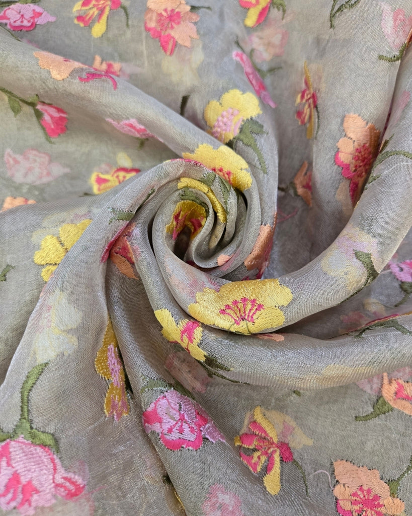 Tissue Silk Parsi Work Butti - Sage Grey