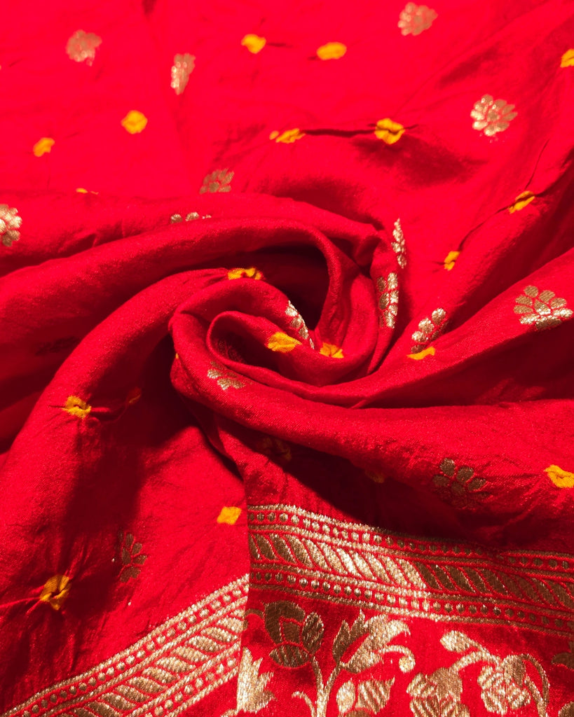 Chiniya silk Bandhini with banaras border - Dark Red