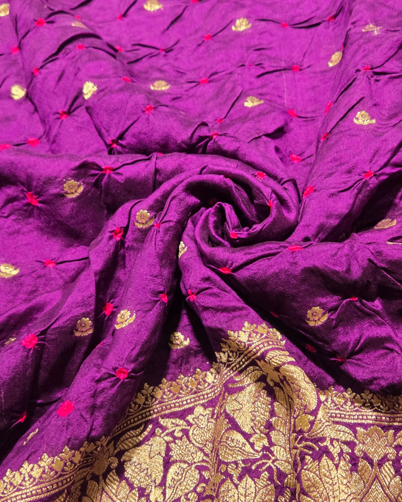 Chiniya silk Bandhini with banaras border - Violet