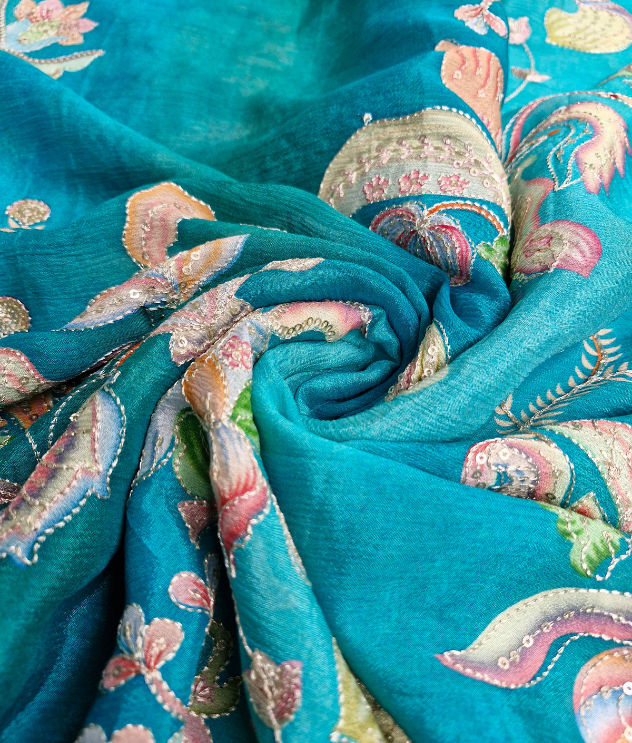 Chiniya Chiffon Work - Aqua Blue