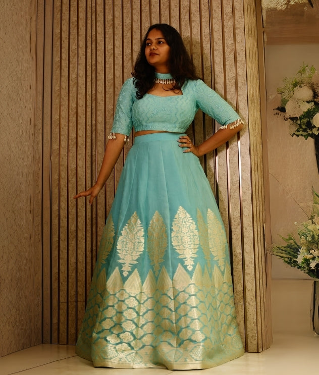 Banaras organza lehenga,chikankari blouse