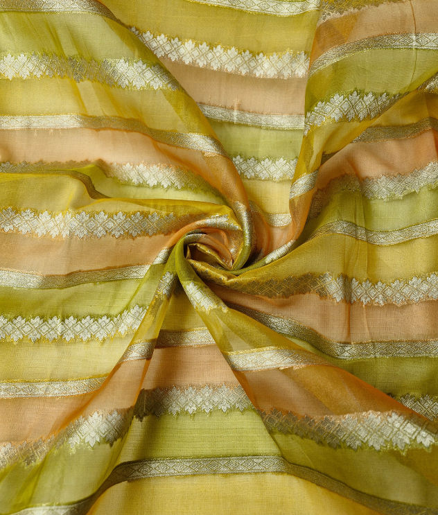 Organza banaras -  Shades of peach and lime green