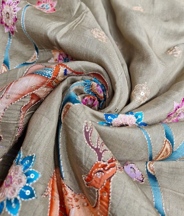 Raw Silk Embroidery - Light olive