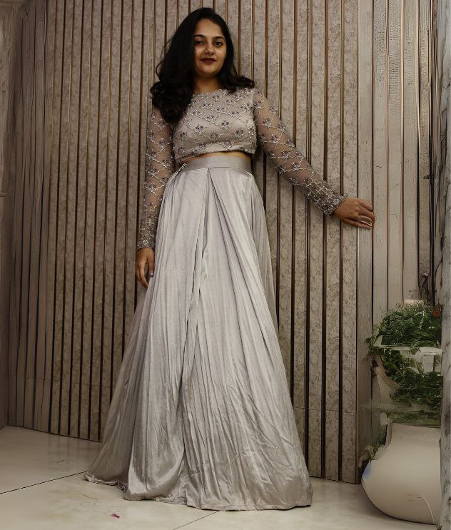 Net Sequin Work Blouse with Satin Lehenga