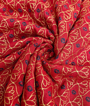 Moonga Bandhani with Embroidery - Red