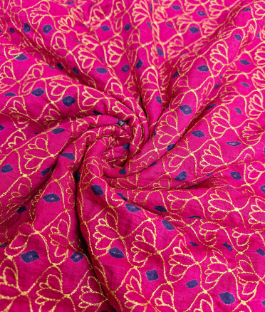 Moonga Bandhani with Embroidery - Magenta pink