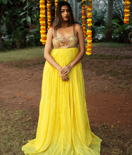 Yellow Chiffon Handworked Sleeveless Gown