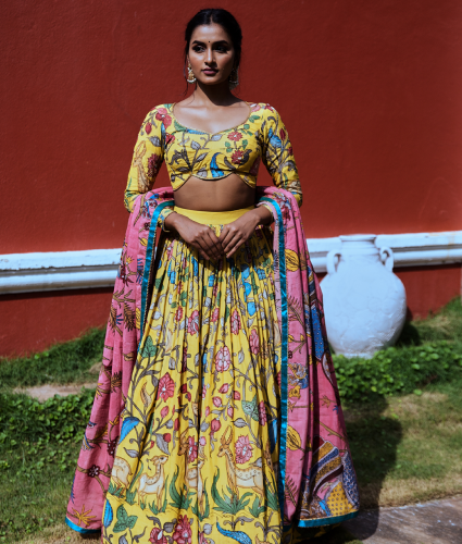 Yellow Kalamkari Lehenga with Handwork Blouse and duppatta