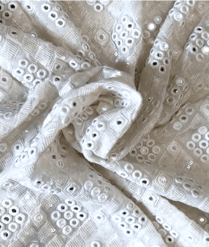 Georgette Mirror Work Dyable Fabric (White) 