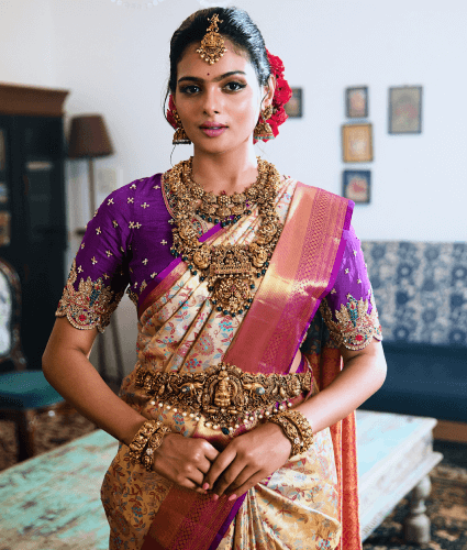Gold Kanjeevaram Saree with Purple Blouse – Shaanvi