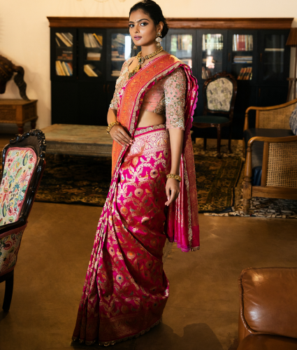 Pink Kadwa Banaras Saree with Handwork Blouse & Border