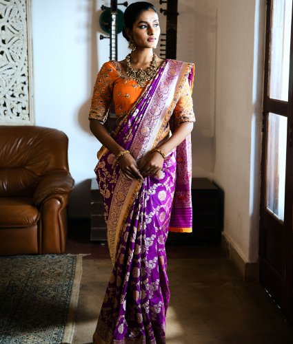 Purple Kadwa Banaras Saree with Handwork Blouse & Border