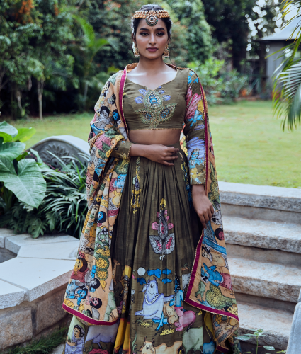 Green Kalamkari Lehenga with Handwork Blouse and duppatta