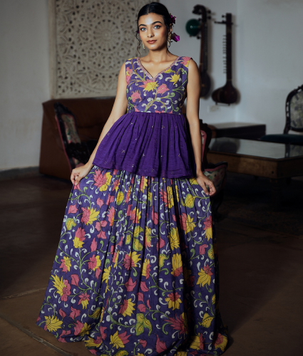 Purple Kalamkari Lehenga with Handwork Peplum Top