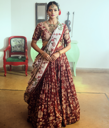 Maroon Kalamkari Lehenga with Handwork Blouse and dupatta