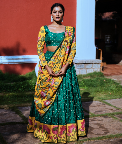 Green Lehenga with Kalamkari Handwork Blouse