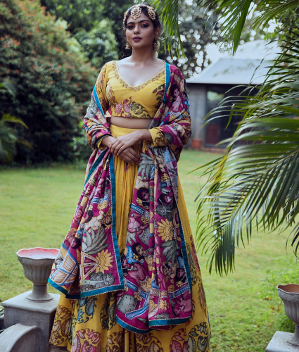 Yellow Kalamkari Lehenga with Handwork Blouse and Pink Duppatta