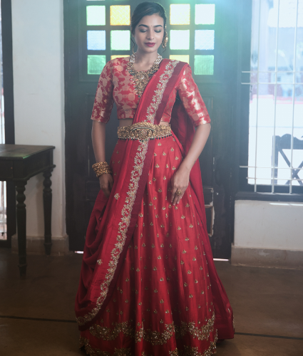 Red Handwork Lehenga