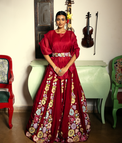 Maroon Handwork Lehenga with Organza Cape